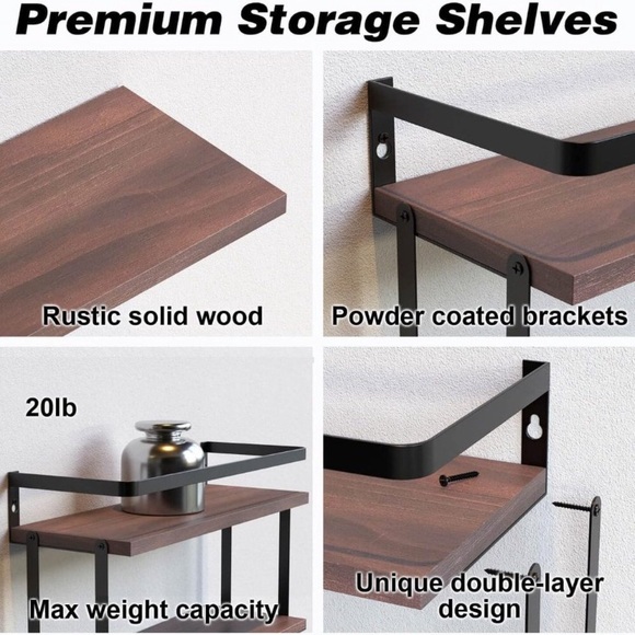 HOUSE 2+1 Tier Wall Mounted Floating Shelves Set of 2, Rustic Wood Shelf - Picture 4 of 7